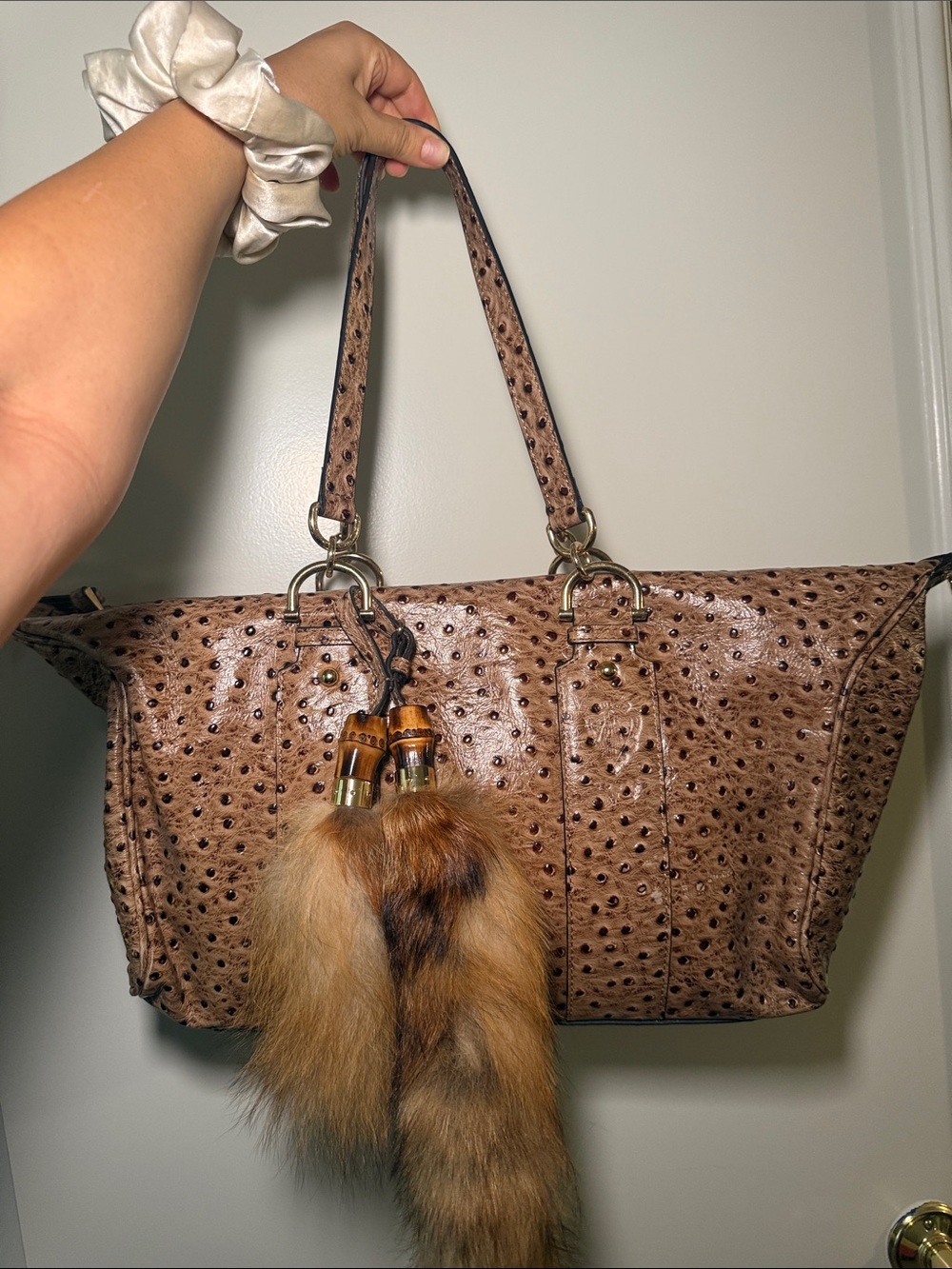 Gucci Brown Ostrich Tote with Fur Tassel Charm